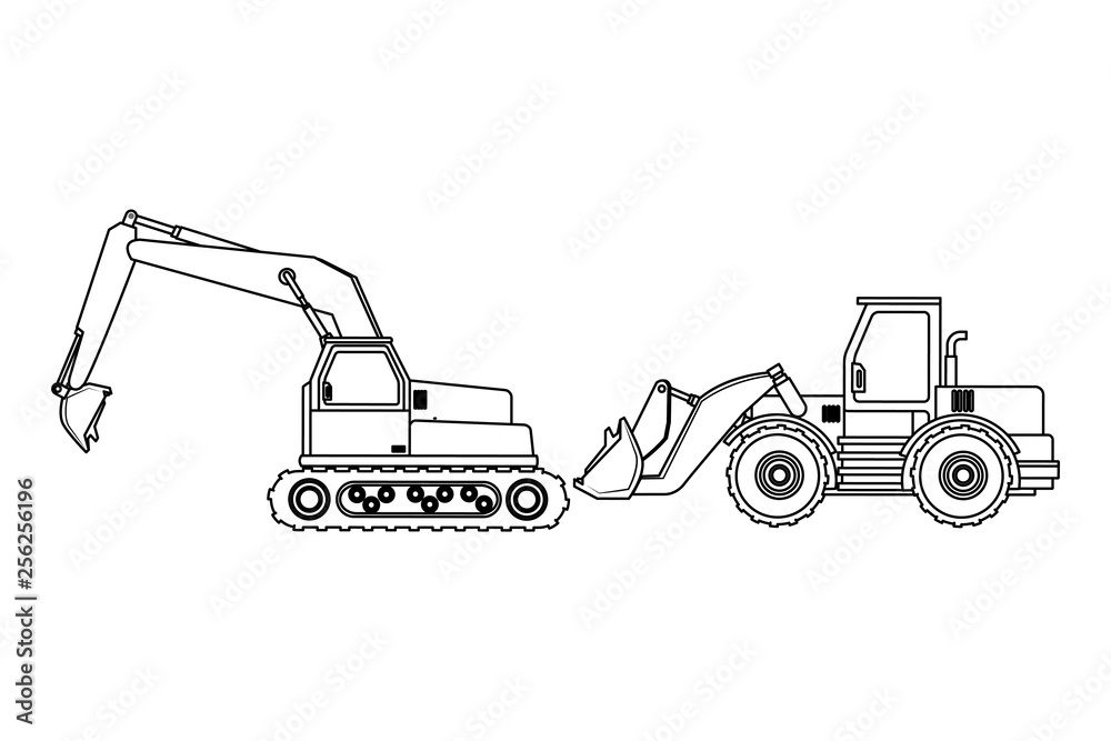 Fototapeta premium Construction vehicles machinery in black and white