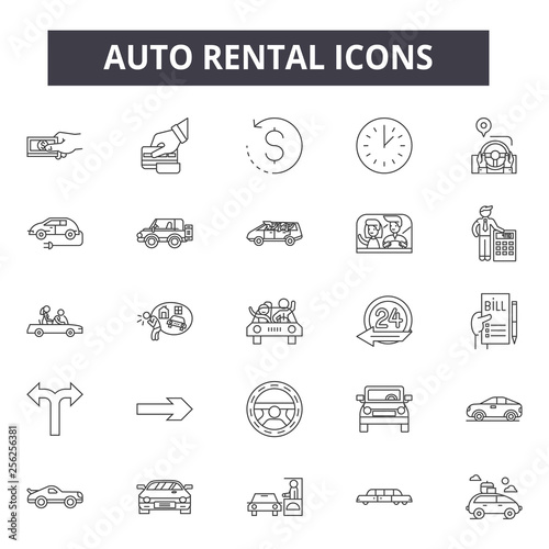 Auto rental line icons for web and mobile. Editable stroke signs. Auto rental  outline concept illustrations