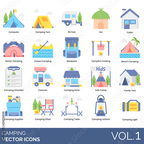 Camping icons including campsite, tent, RV park, hut, cabin, winter, canoe, backpack, campfire cooking, beach, checklist, caravan, store, kids camp, family, supplies, chair, table, lantern, light.