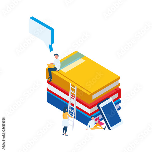 pile text books with smartphone and mini people