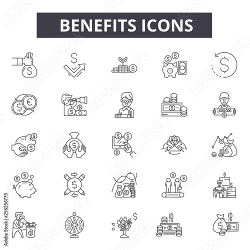 Benefits line icons for web and mobile. Editable stroke signs. Benefits  outline concept illustrations