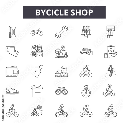 Bicycle shop line icons for web and mobile. Editable stroke signs. Bicycle shop  outline concept illustrations
