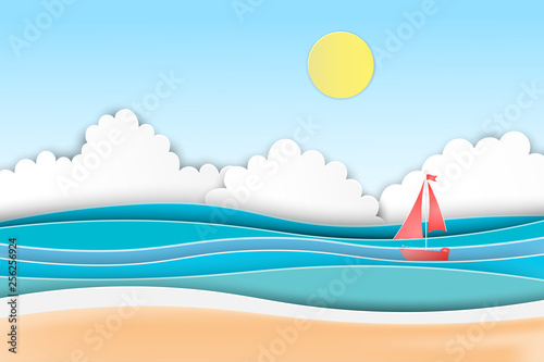 Sailboats on the ocean landscape with sea view on clear blue sky,Summer concept.Paper art style.