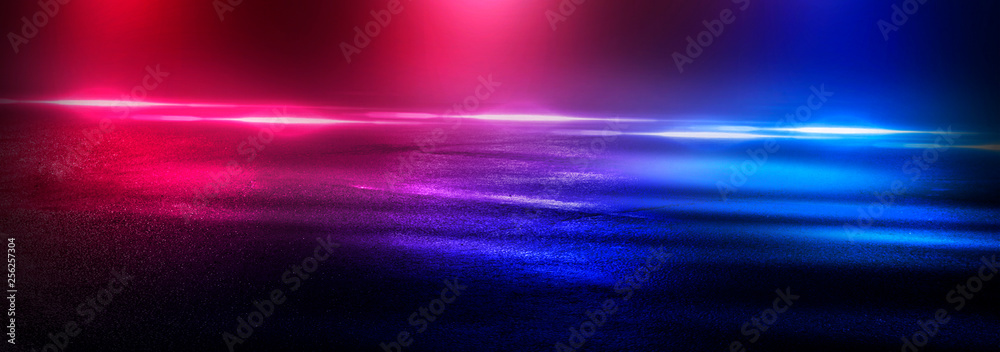 Background of the room with concrete pavement. Blue and pink neon light. Smoke, fog, wet asphalt with reflection of lights. Abstract light, searchlight rays. Night view of the street with lights, dark Background of the room with concrete pavement. Blue and pink neon light. Smoke, fog, wet asphalt with reflection of lights. Abstract light, searchlight rays. Night view of the street with lights, dark