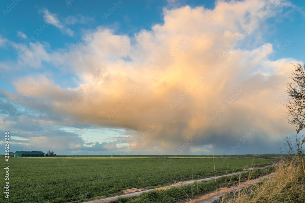 Wintry shower over the dutch countryside between the cities of Gouda and Leiden, Netherlands.