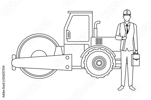 Engineer with briefcase and steamroller in black and white