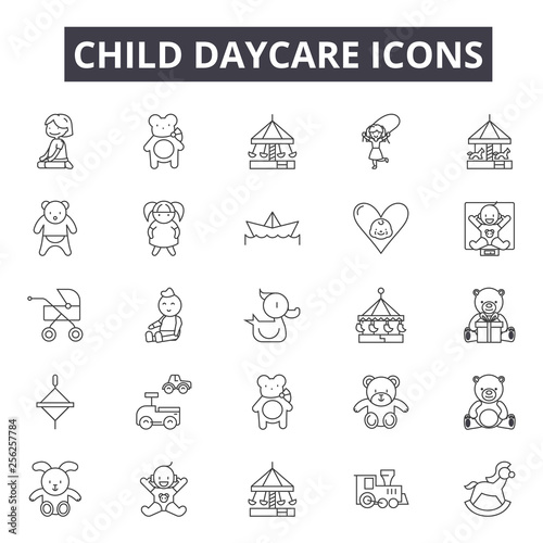 Child daycare line icons for web and mobile. Editable stroke signs. Child daycare  outline concept illustrations