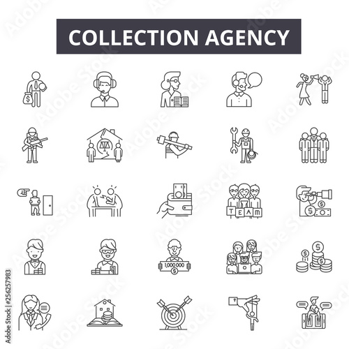 Collection agency line icons for web and mobile. Editable stroke signs. Collection agency  outline concept illustrations