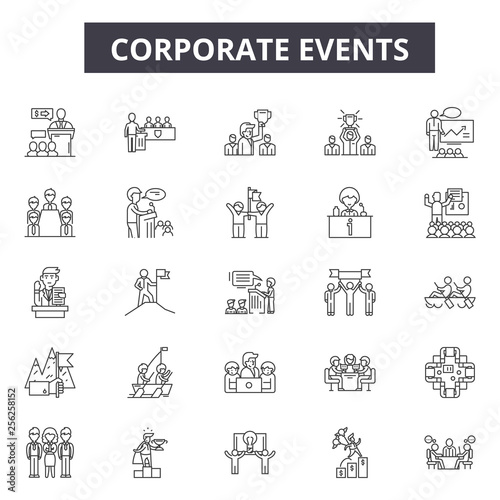 Corporate events line icons for web and mobile. Editable stroke signs. Corporate events  outline concept illustrations