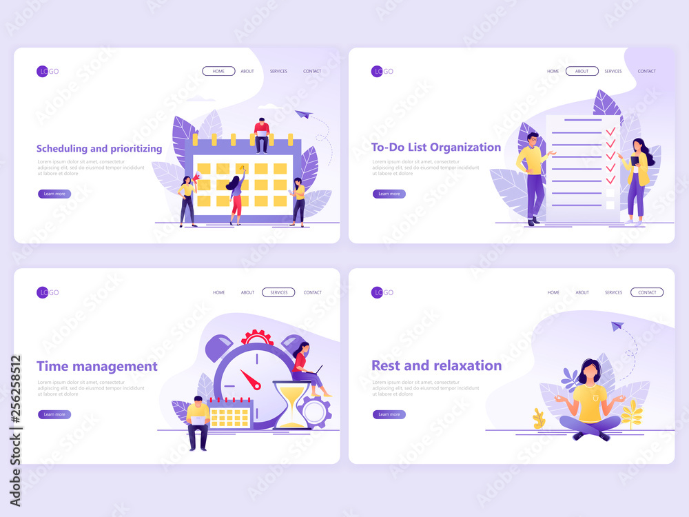 Set of Landing page templates. Business planning, time management, strategy and organization. Flat vector illustration concepts for a web page or website.