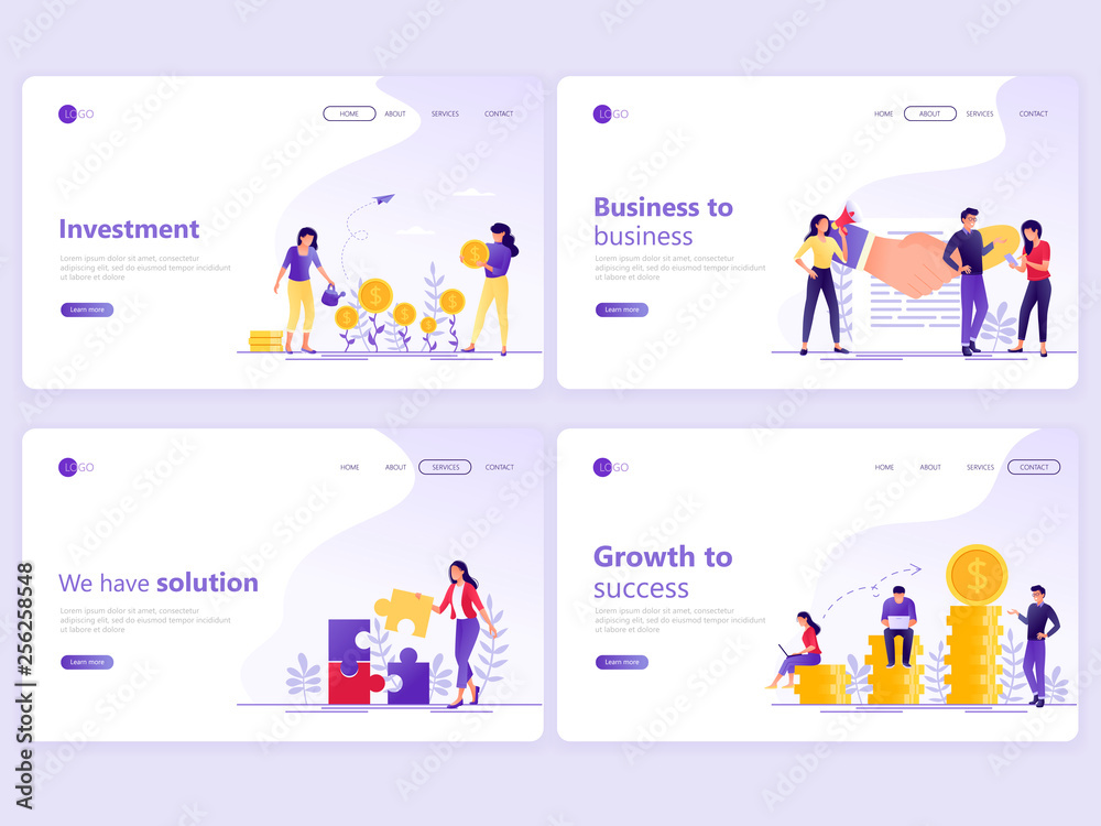 Set of Landing page templates. Business investment, partnership, financial consulting, growth to success. Flat vector illustration concepts for a web page or website.