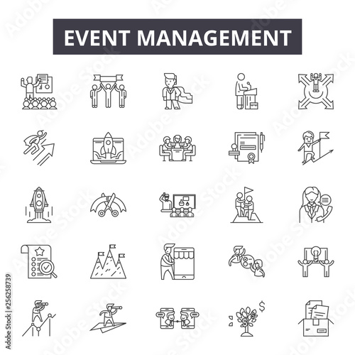 Event management line icons for web and mobile. Editable stroke signs. Event management  outline concept illustrations