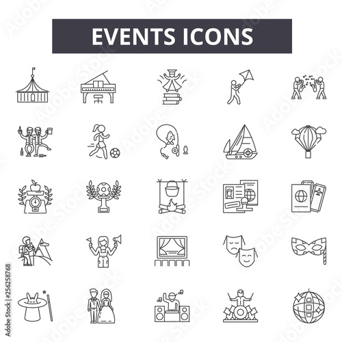 Events line icons for web and mobile. Editable stroke signs. Events  outline concept illustrations