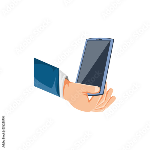 hand with smartphone device isolated icon