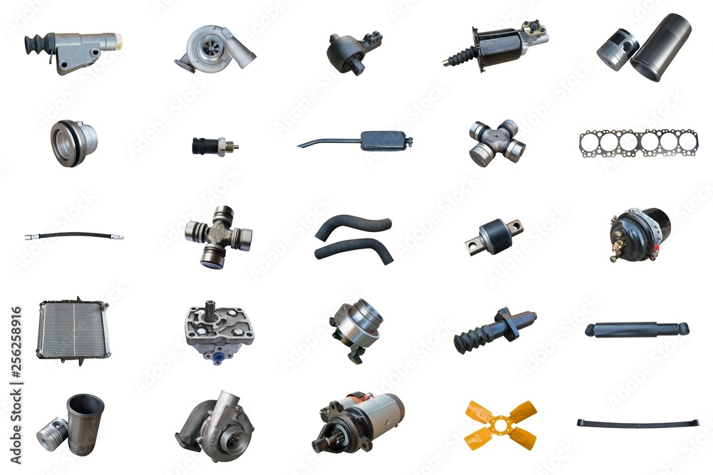 Auto spare parts car on the white background. Set with many isolated items for shop or aftermarket