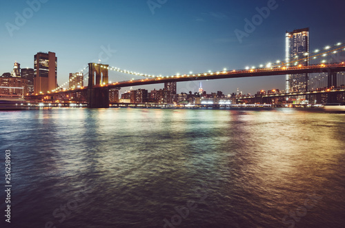 Brooklyn Bridge at blue hour  color toned picture  New York City  USA.