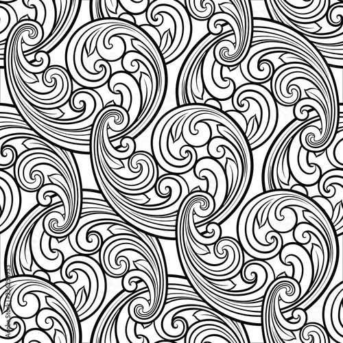 Seamless baroque scrolls line pattern in eastern or arabic style. Exquisite monochrome texture. Black and white graphic background, lace pattern