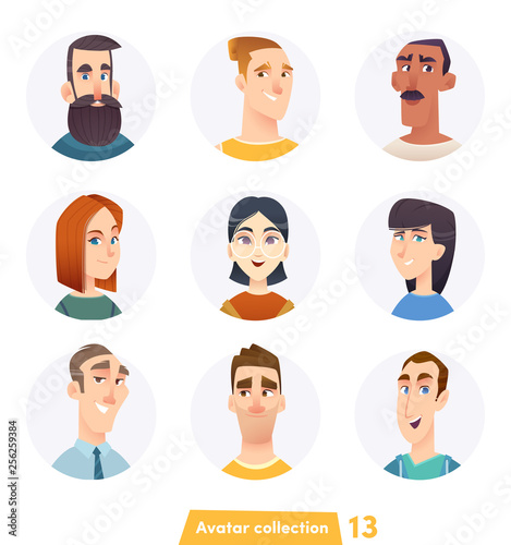 Cheerful people avatar collection. User faces. Trendy modern style. Flat Cartoon Character design.