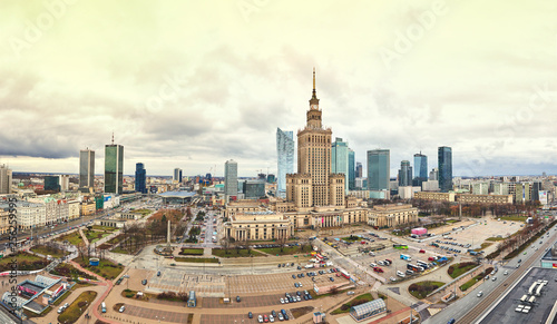 Warsaw, Poland - 08 December 2018: Aerial view Palace of Culture and Science and downtown business skyscrapers, city center, cityscape of the metropolis