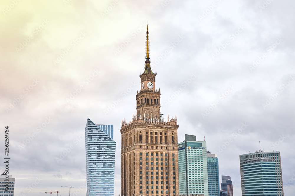 Warsaw, Poland - 08 December 2018: Aerial view Palace of Culture and Science and downtown business skyscrapers, city center, cityscape of the metropolis