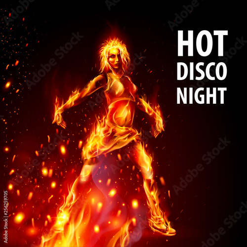 Dancing Hot Girl in Fire on Black Background. Hot disco Night
