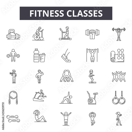 Fitness classes line icons for web and mobile. Editable stroke signs. Fitness classes  outline concept illustrations