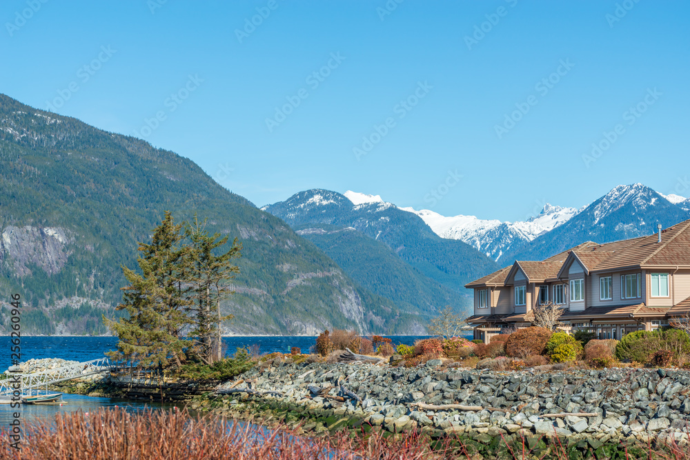Luxury house with fantastic ocean and mountain view at Spring in Vancouver, Canada.