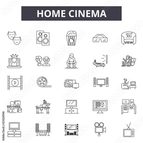 Home cinema line icons for web and mobile. Editable stroke signs. Home cinema  outline concept illustrations