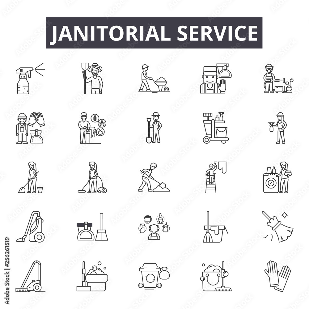 Janitorial service line icons for web and mobile. Editable stroke signs. Janitorial service outline concept illustrations