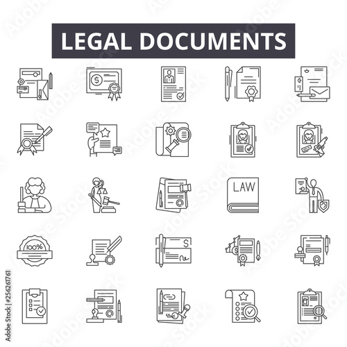 Legal documents line icons for web and mobile. Editable stroke signs. Legal documents  outline concept illustrations