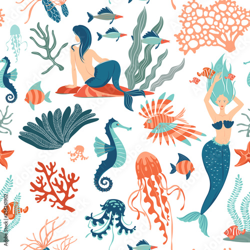 Magic seamless pattern Underwater animals mermaids Marine Life. background