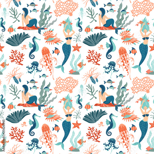 Magic seamless pattern Underwater animals mermaids Marine Life. background