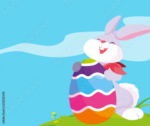 cute rabbit easter with egg painted in the camp