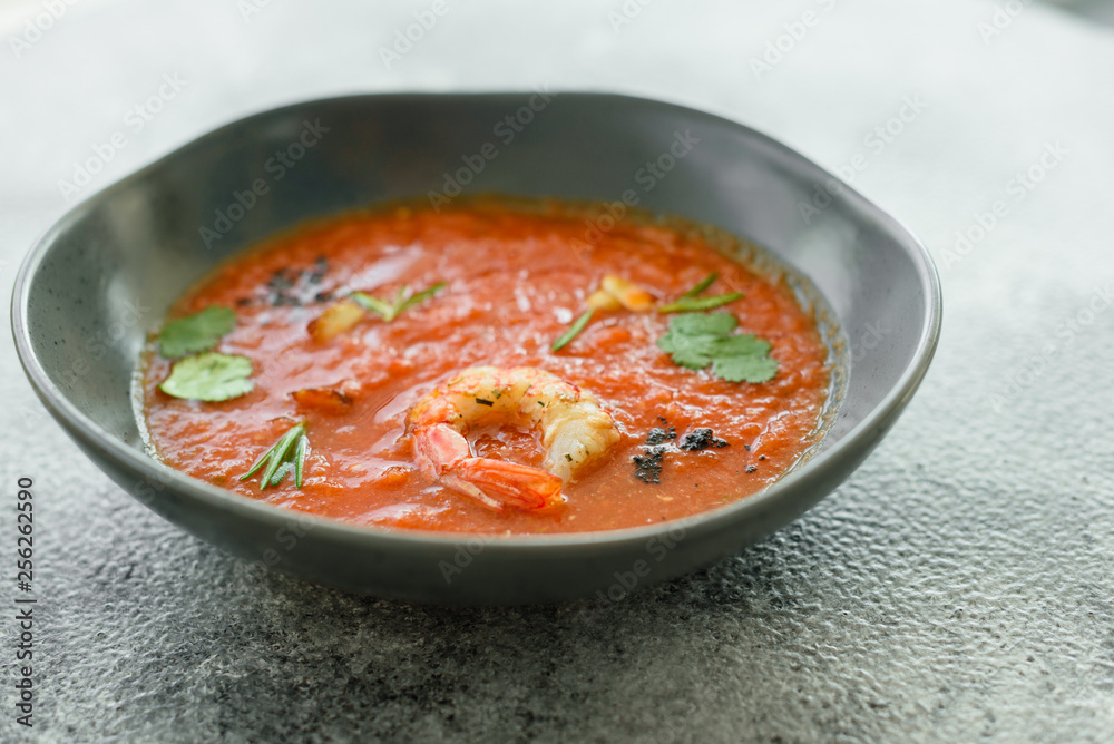 Gazpacho with prawns. Close up of a spanish cold vegetable soup gazpacho Gazpacho with prawns. Close up of a spanish cold vegetable soup gazpacho