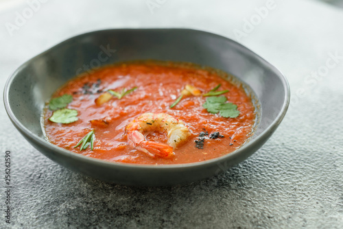 Gazpacho with prawns. Close up of a spanish cold vegetable soup gazpacho