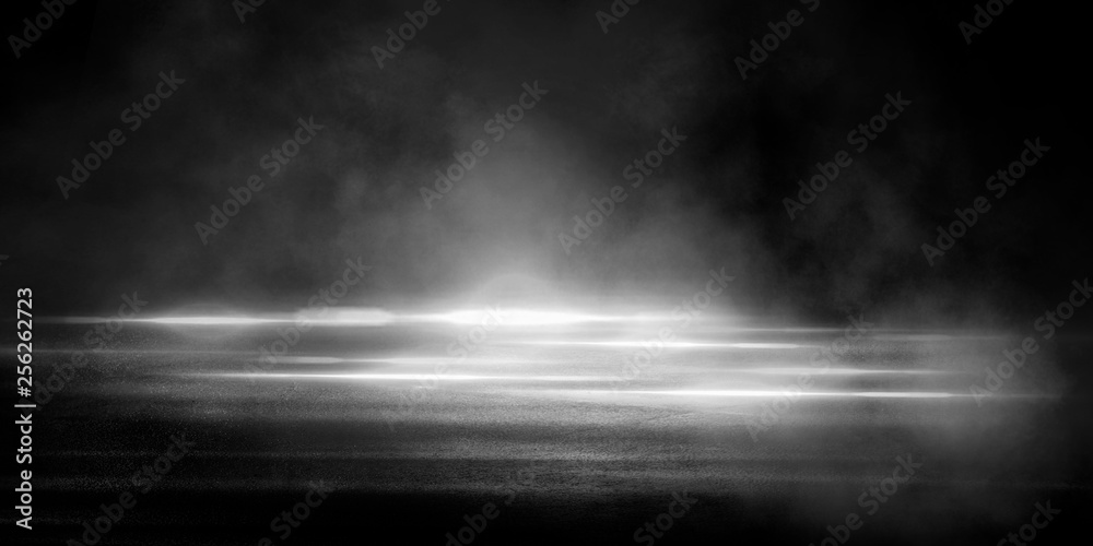 Fototapeta Wet asphalt, reflection of neon lights, a searchlight, smoke. Abstract light in a dark empty street with smoke, smog. Dark background scene of empty street, night view, night city.