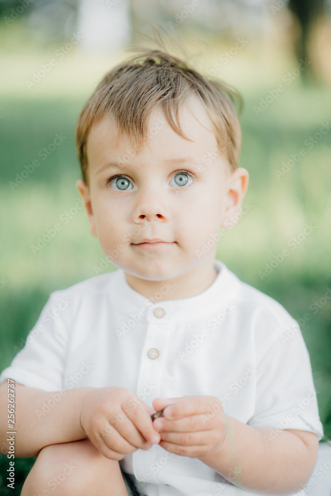 portrait child male wearing a stylish white shirt and dark green pants with a sweet smile. Nature green background portrait child male wearing a stylish white shirt and dark green pants with a sweet smile. Nature green background