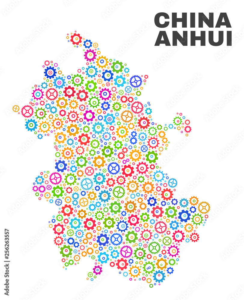 Mosaic technical Anhui Province map isolated on a white background. Vector geographic abstraction in different colors. Mosaic of Anhui Province map designed from random multi-colored cogwheel items.