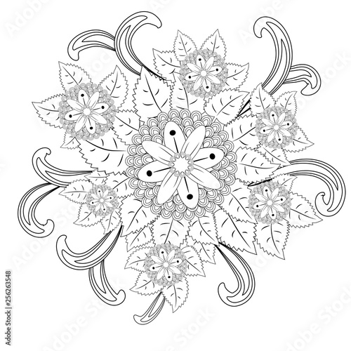 floral mandalaa stylized circular ornament. floral mandala. black-and-white drawing. coloring book for children and adults. page for artbook.