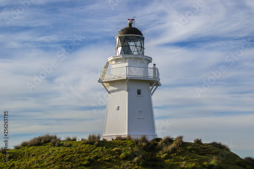 Travel New Zealand. Scenic view of white lighthouse on coast, ocean, outdoor background. Popular tourist attraction, Waipapa Point Lighthouse located at Southland, South Island. Travel concept.Catlins © Dajahof