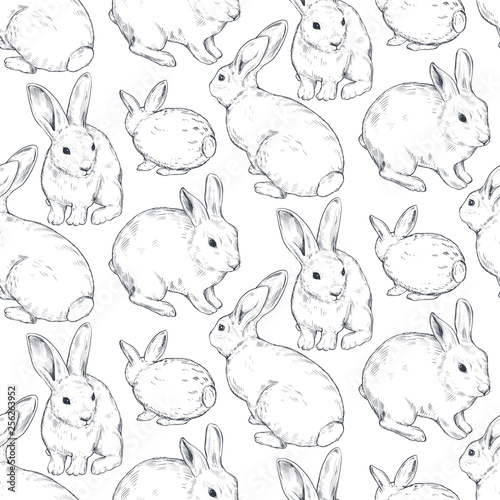 Vector seamless pattern with hand drawn rabbits.