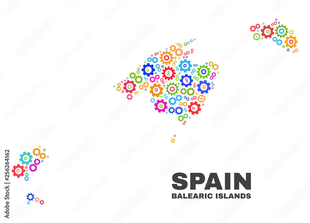 Mosaic technical Balearic Islands map isolated on a white background. Vector geographic abstraction in different colors.