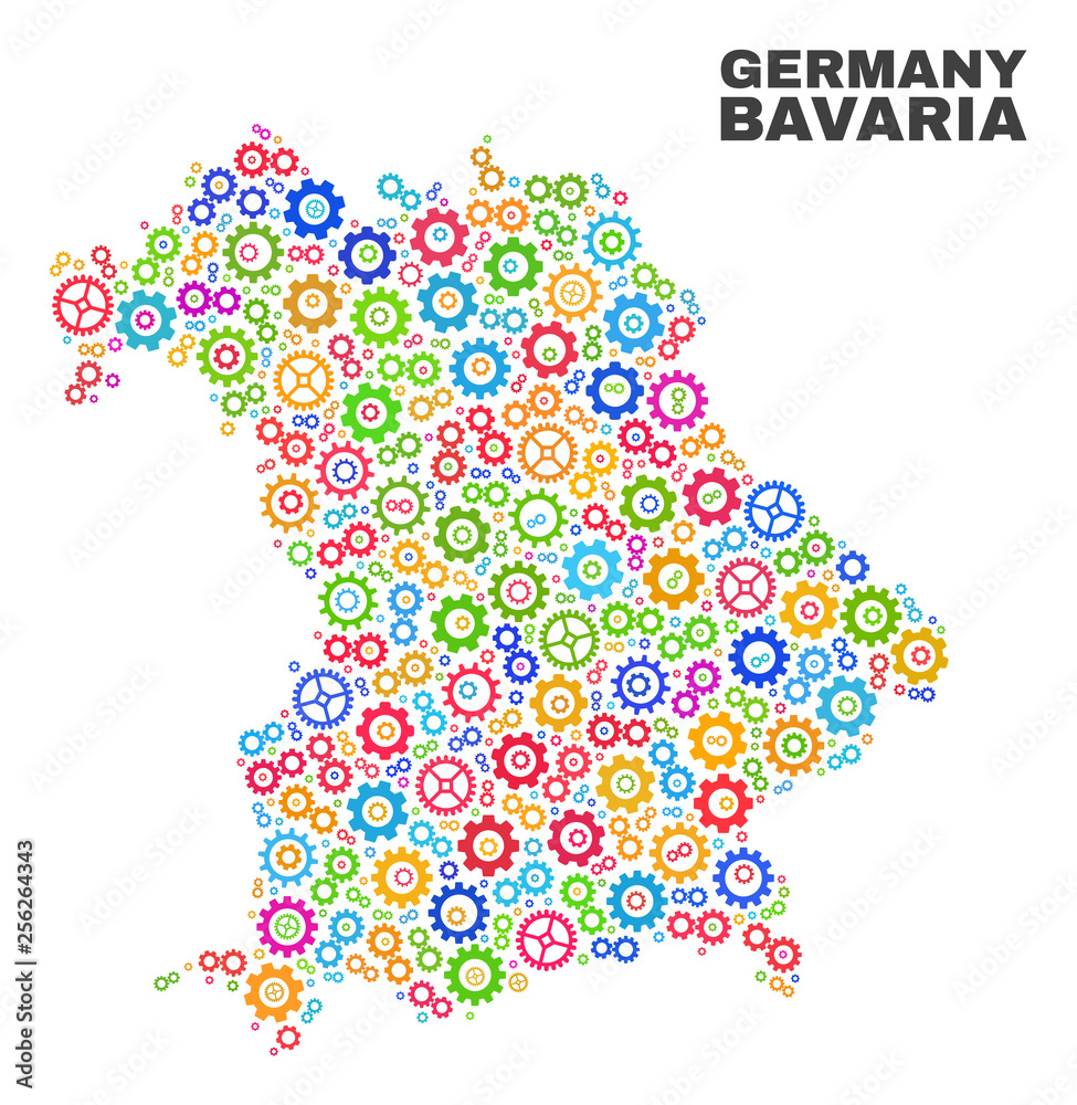 Mosaic technical Bavaria Land map isolated on a white background. Vector geographic abstraction in different colors. Mosaic of Bavaria Land map combined of random multi-colored wheel items.