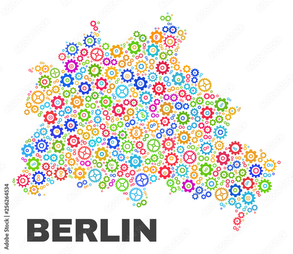 Mosaic technical Berlin City map isolated on a white background. Vector geographic abstraction in different colors. Mosaic of Berlin City map composed from random multi-colored gear items.