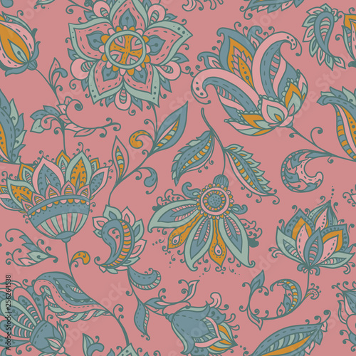 Vector seamless pattern with hand drawn paisley floral elements.