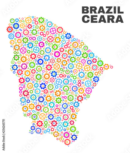 Mosaic technical Ceara state map isolated on a white background. Vector geographic abstraction in different colors. Mosaic of Ceara state map composed from random multi-colored gear elements.