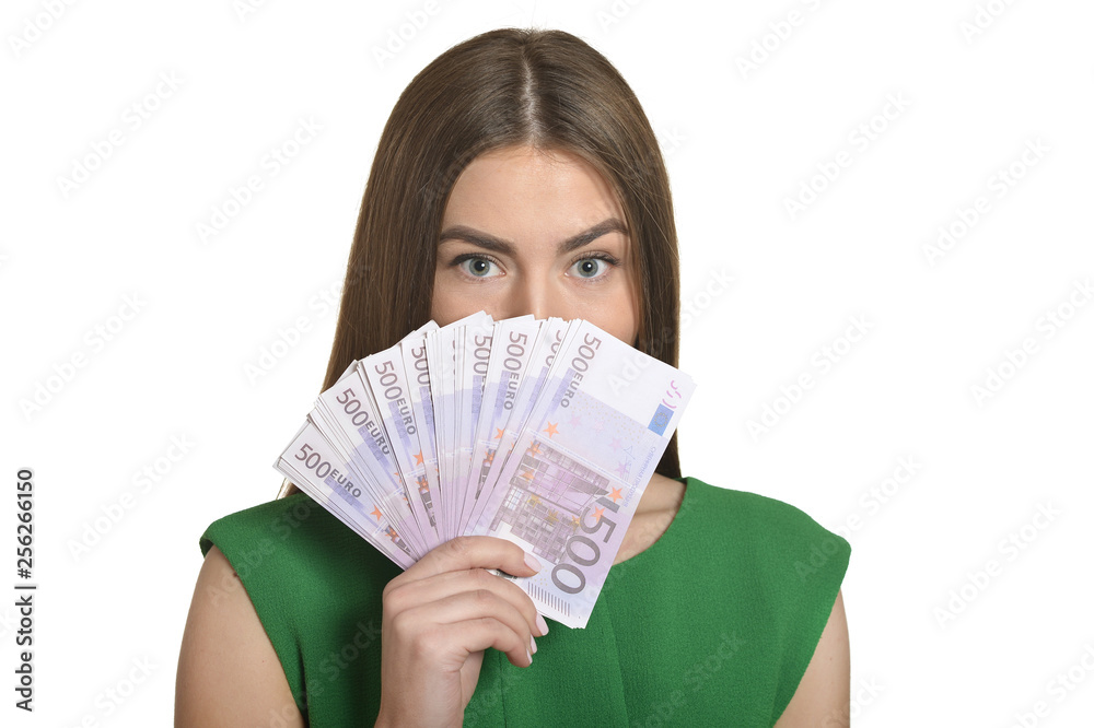 Beautiful woman with money on white background Beautiful woman with money on white background