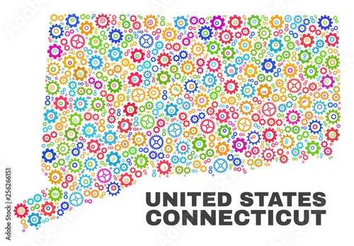 Mosaic technical Connecticut State map isolated on a white background. Vector geographic abstraction in different colors. Mosaic of Connecticut State map combined of scattered bright wheel elements.