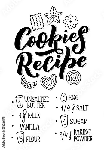 Lettering with cookies recipe. Delicious poster. Concept design. Vector illustration. Funny christmas text. Bakery card.