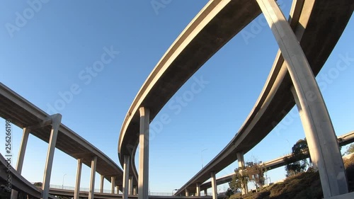 Slow upward driving view of 110 and 105 freeway interchange ramps near downtown Los Angeles, California.  